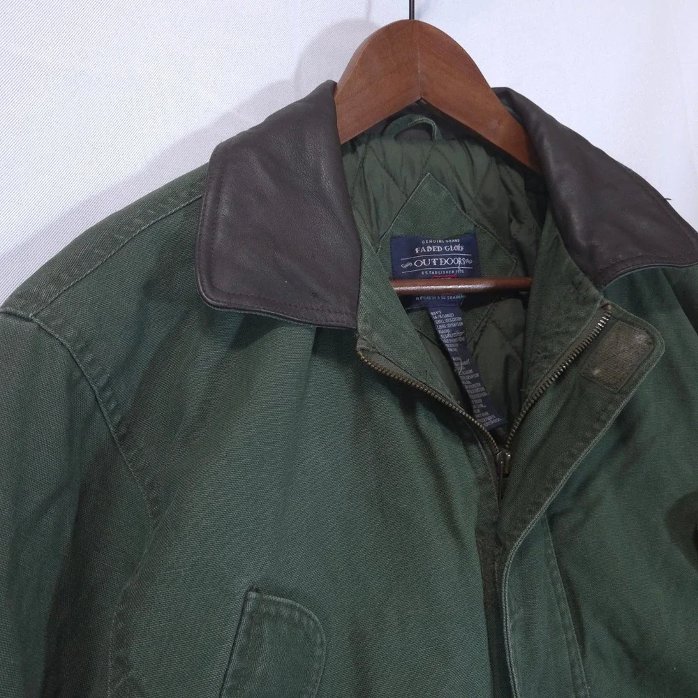 Faded Glory Canvas Quilted Field Jacket Boys 14/16 Olive Faux Leather Collar Y2K